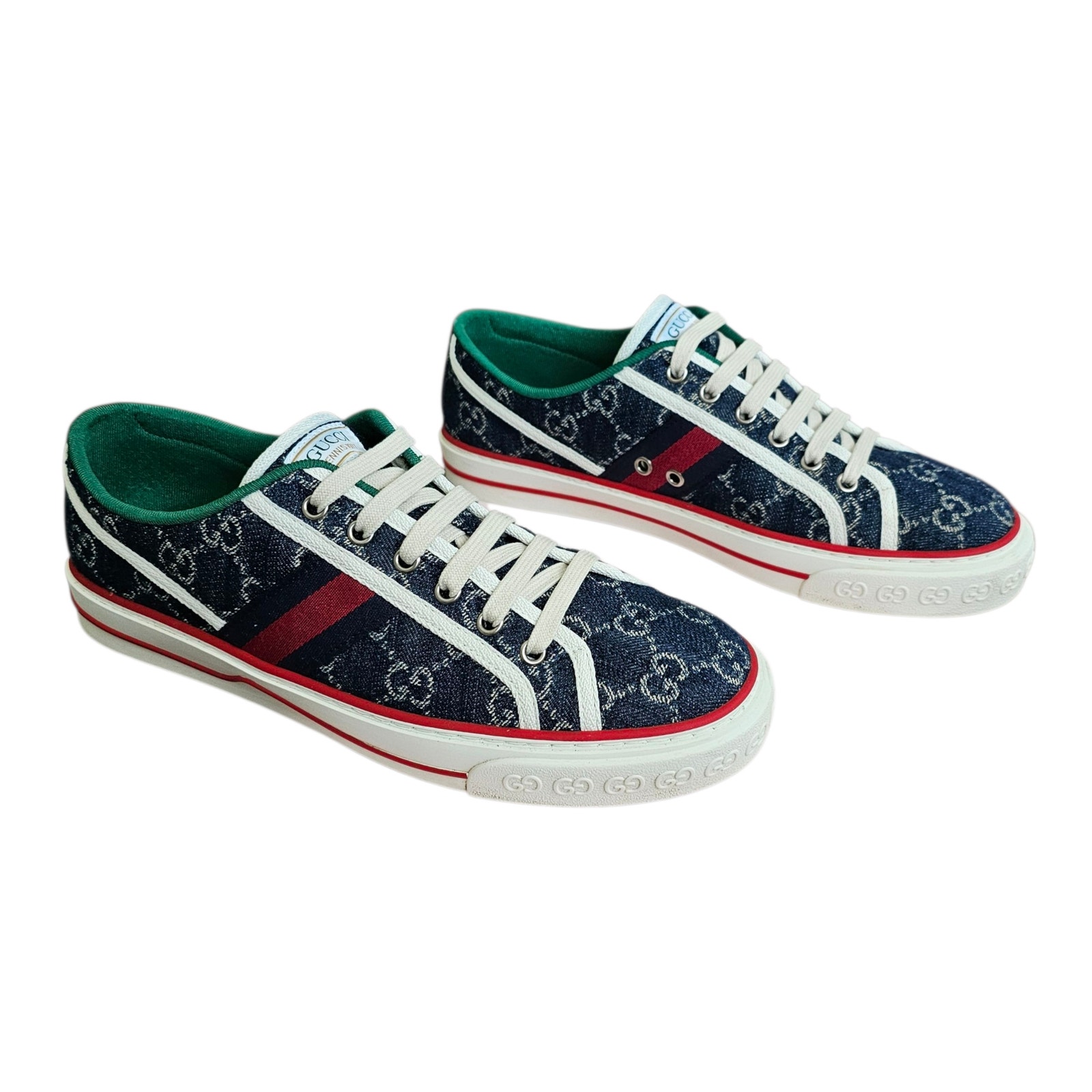 Gucci Tennis 1977 Blue Denim Gg Supreme Web Stripe Low Top Sneaker Size 41 Us 11